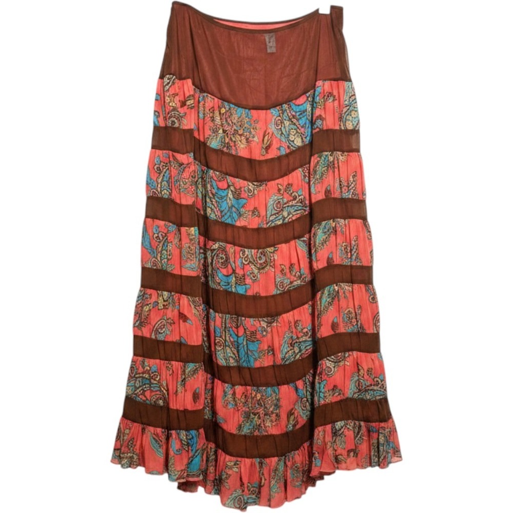 Metrostyle Maxi Skirt Womens 18 Coral Paisley Tiered Boho Mesh Ruffle Peasant